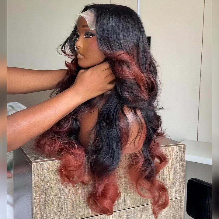 SZC Ombre Black Rose Copper Red 250 300 Density 13x4 Lace Front Human Hair Wig