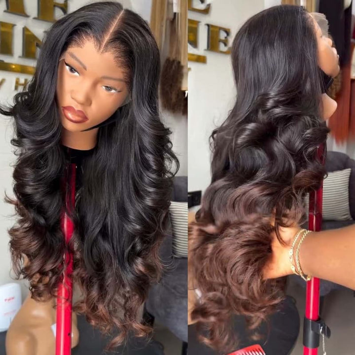 SZC Ombre Black Brown Loose Body Wave 300 Density 13x4 Lace Front Human Hair Wigs