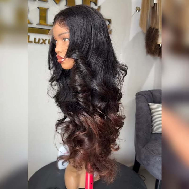 SZC Ombre Black Brown Loose Body Wave 300 Density 13x4 Lace Front Human Hair Wigs