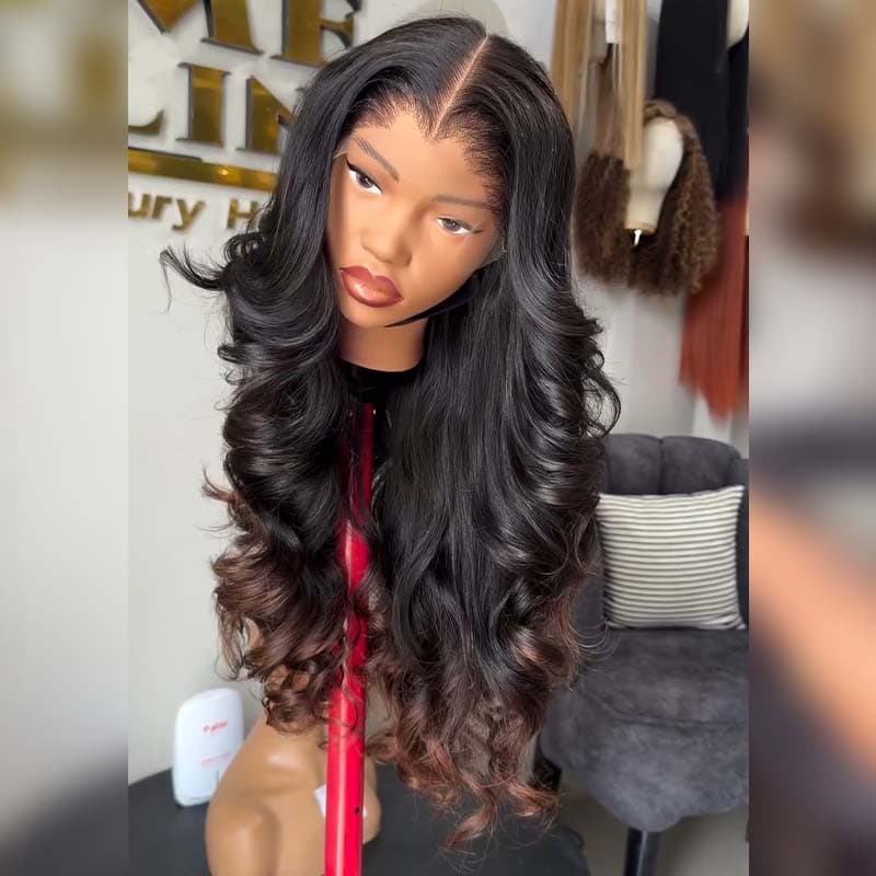SZC Ombre Black Brown Loose Body Wave 300 Density 13x4 Lace Front Human Hair Wigs