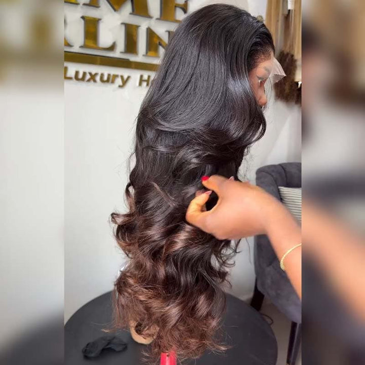 SZC Ombre Black Brown Loose Body Wave 300 Density 13x4 Lace Front Human Hair Wigs