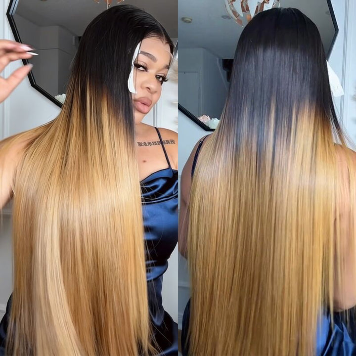 SZC Ombre Black Strawberry Honey Blonde Bone Straight 13x4 Lace Front Human Hair Wigs 300 Density