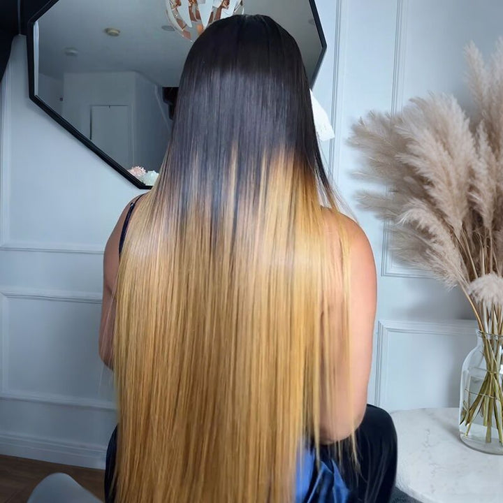 SZC Ombre Black Strawberry Honey Blonde Bone Straight 13x4 Lace Front Human Hair Wigs 300 Density