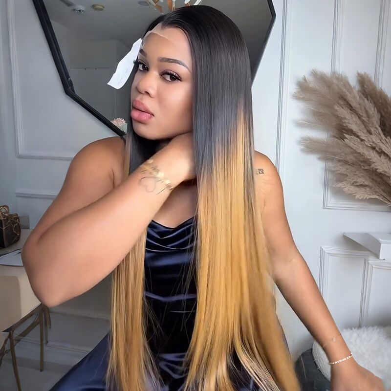 SZC Ombre Black Strawberry Honey Blonde Bone Straight 13x4 Lace Front Human Hair Wigs 300 Density