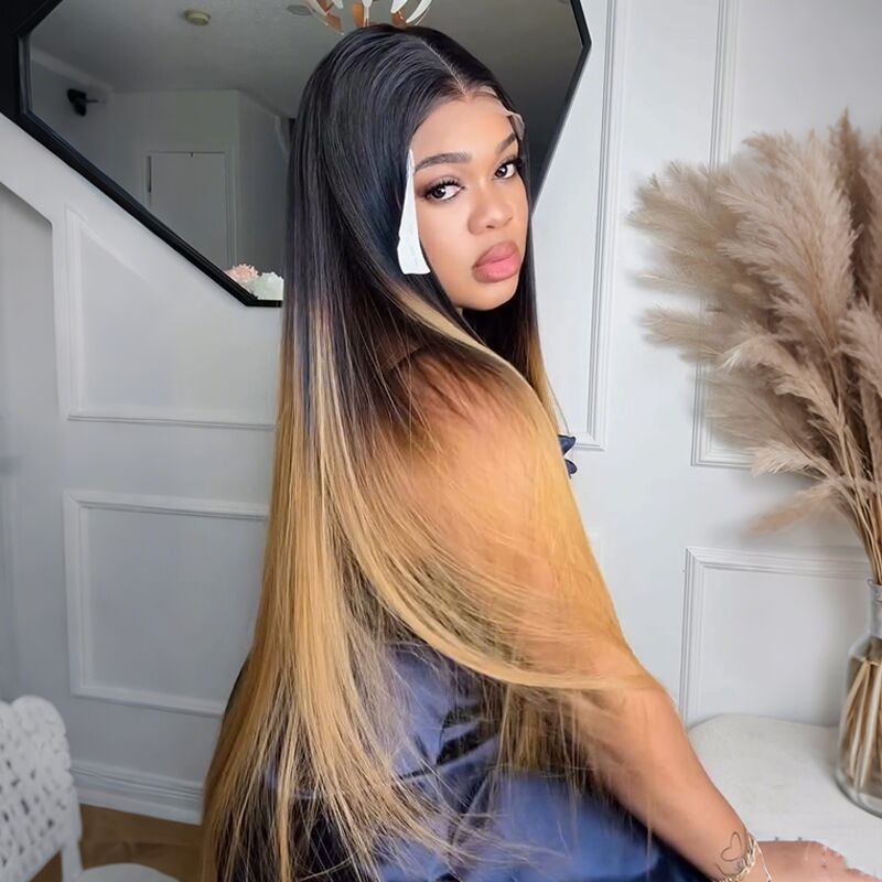 SZC Ombre Black Strawberry Honey Blonde Bone Straight 13x4 Lace Front Human Hair Wigs 300 Density