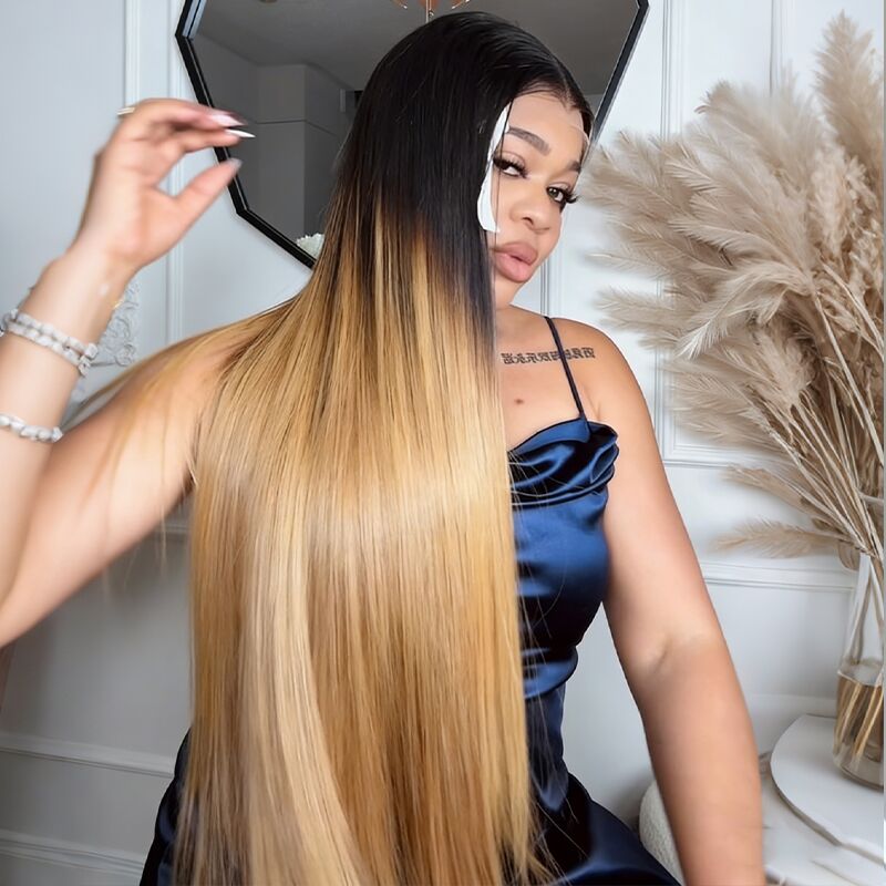 SZC Ombre Black Strawberry Honey Blonde Bone Straight 13x4 Lace Front Human Hair Wigs 300 Density