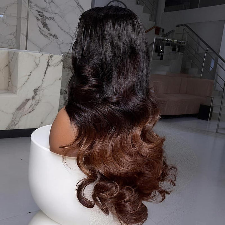 SZC Ombre Black With Caramel Chocolate Brown 13X4 Lace Front Human Hair Wigs 250 300 Density