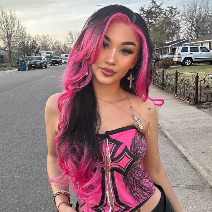 SZC Ombre Black With Hot Pink Skunk Stripe 13x4 Lace Front Human Hair Wig 200 Density