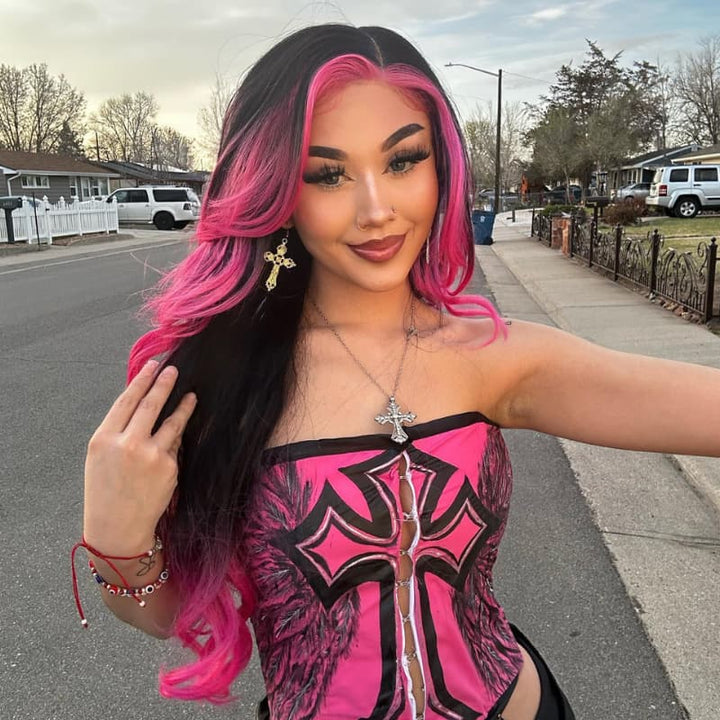 SZC Ombre Black With Hot Pink Skunk Stripe 13x4 Lace Front Human Hair Wig 200 Density