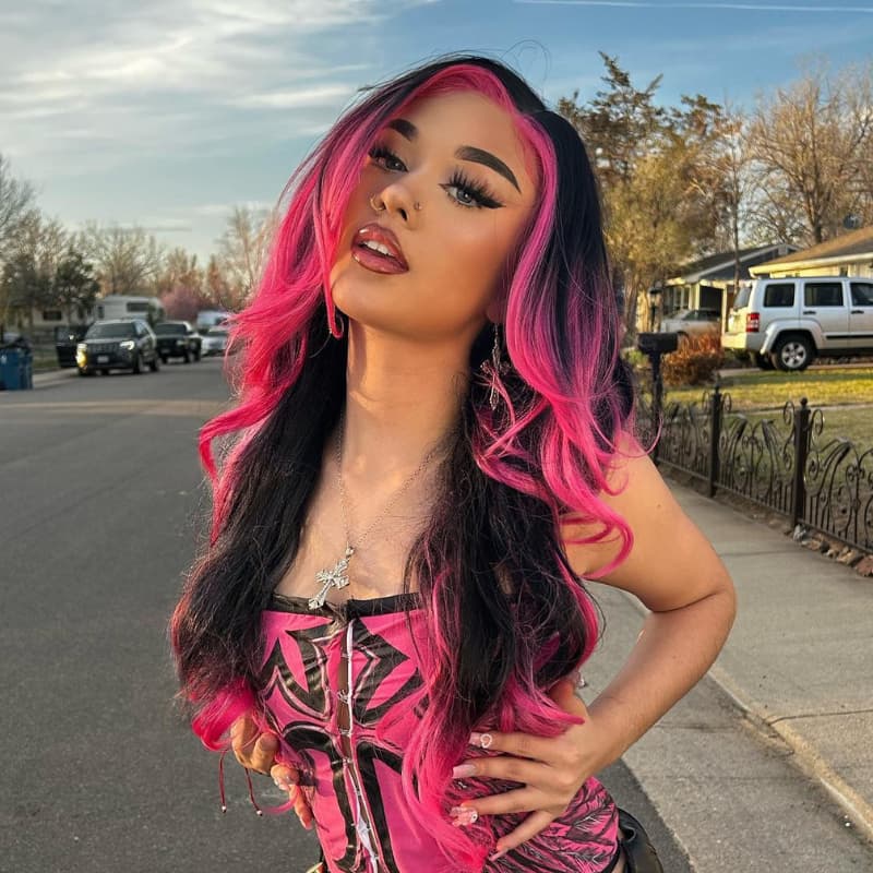 SZC Ombre Black With Hot Pink Skunk Stripe 13x4 Lace Front Human Hair Wig 200 Density