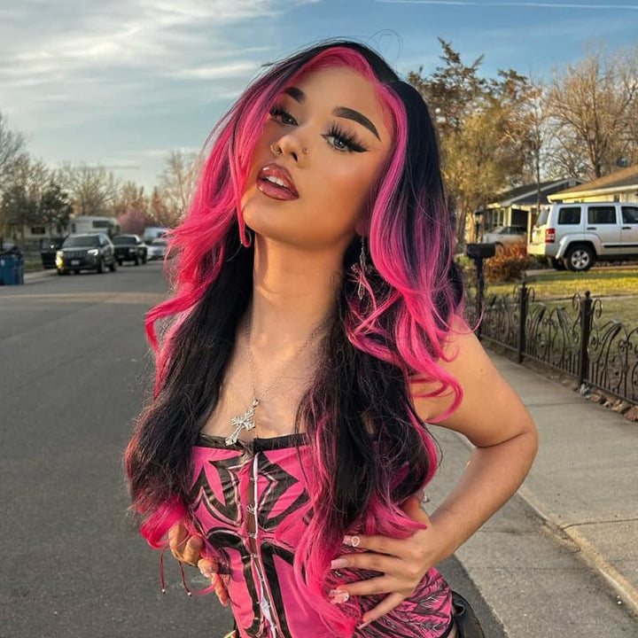 SZC Ombre Black With Hot Pink Skunk Stripe 13x4 Lace Front Human Hair Wig 200 Density