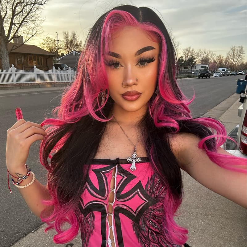 SZC Ombre Black With Hot Pink Skunk Stripe 13x4 Lace Front Human Hair Wig 200 Density