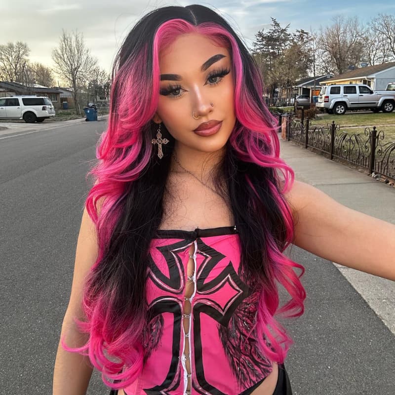 SZC Ombre Black With Hot Pink Skunk Stripe 13x4 Lace Front Human Hair Wig 200 Density