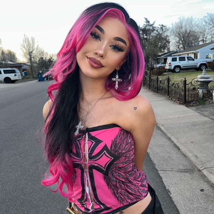SZC Ombre Black With Hot Pink Skunk Stripe 13x4 Lace Front Human Hair Wig 200 Density