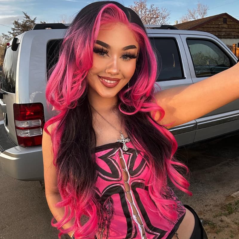 SZC Ombre Black With Hot Pink Skunk Stripe 13x4 Lace Front Human Hair Wig 200 Density