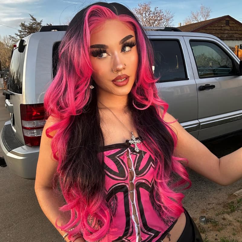 SZC Ombre Black With Hot Pink Skunk Stripe 13x4 Lace Front Human Hair Wig 200 Density