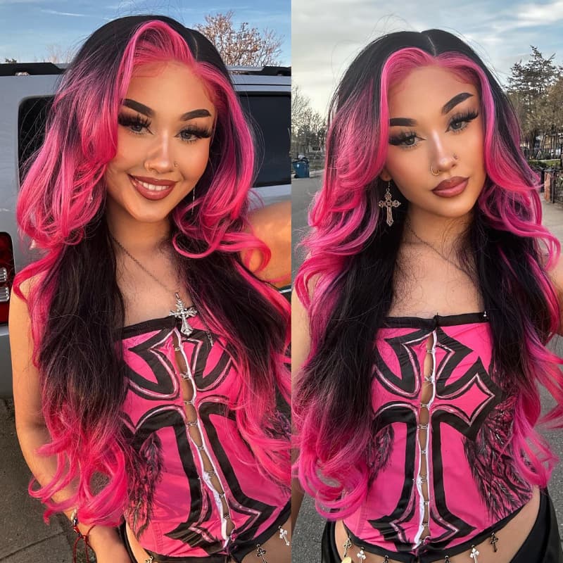 SZC Ombre Black With Hot Pink Skunk Stripe 13x4 Lace Front Human Hair Wig 200 Density