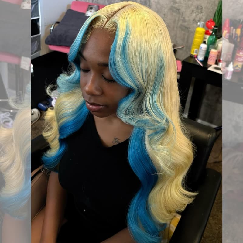 SZC Ombre Blonde Blue Skunk Stripe 13x4 Lace Front Virgin Human Hair Wigs 200 Density