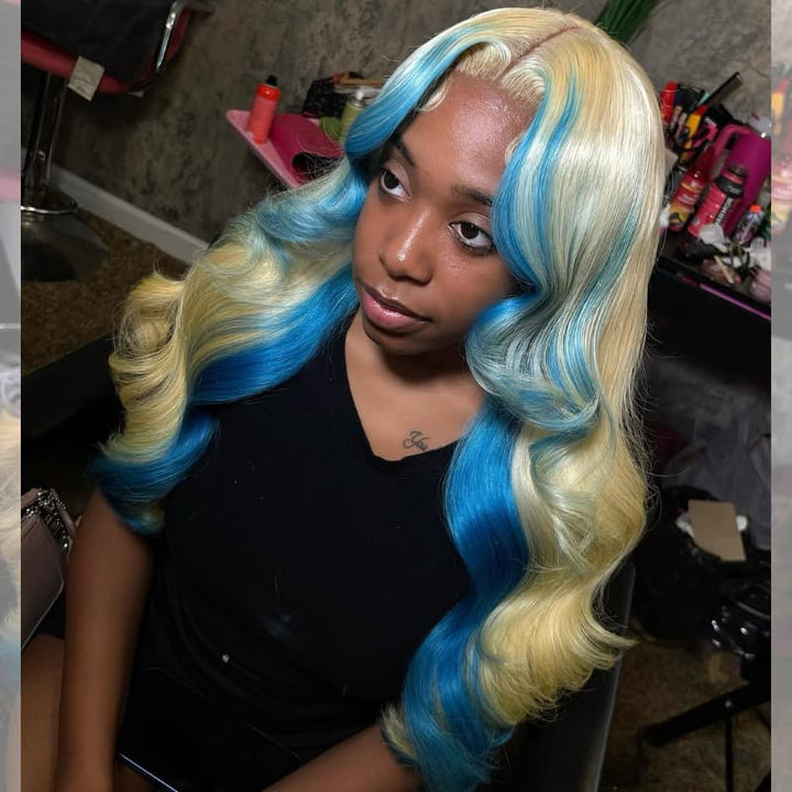 SZC Ombre Blonde Blue Skunk Stripe 13x4 Lace Front Virgin Human Hair Wigs 200 Density