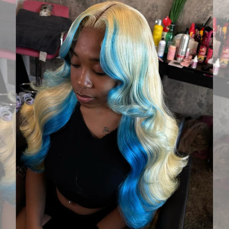SZC Ombre Blonde Blue Skunk Stripe 13x4 Lace Front Virgin Human Hair Wigs 200 Density