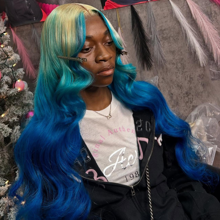 SZC Ombre Blonde Blue Skunk Stripe 13x4 Lace Front Virgin Remy Human Hair Wigs