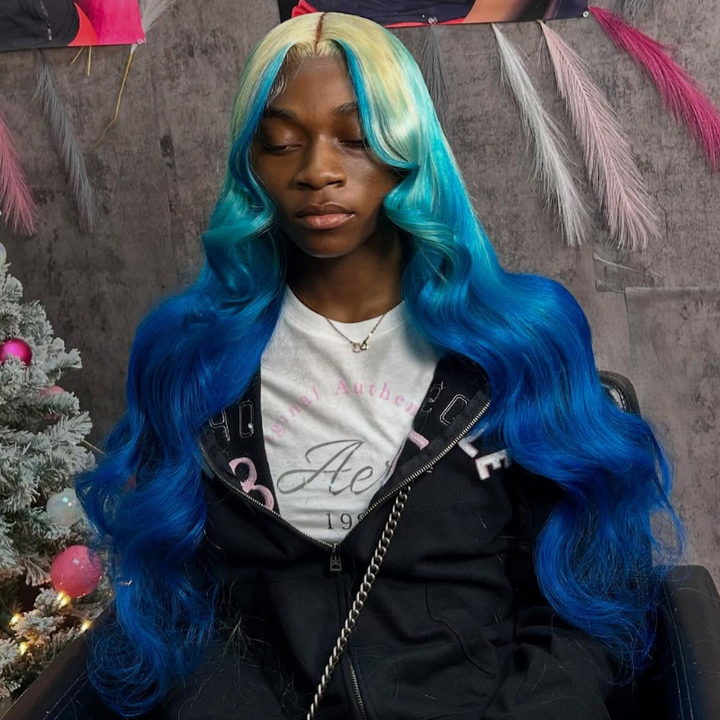 SZC Ombre Blonde Blue Skunk Stripe 13x4 Lace Front Virgin Remy Human Hair Wigs