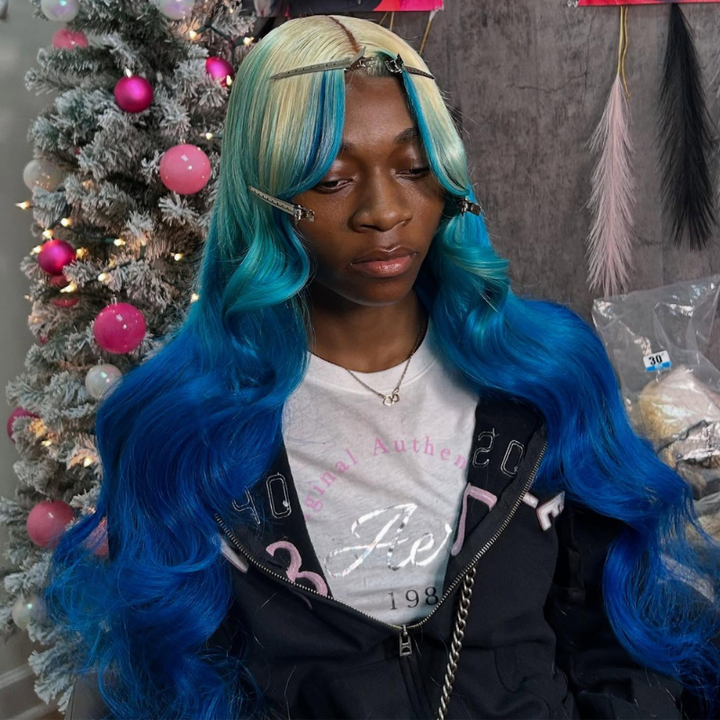 SZC Ombre Blonde Blue Skunk Stripe 13x4 Lace Front Virgin Remy Human Hair Wigs