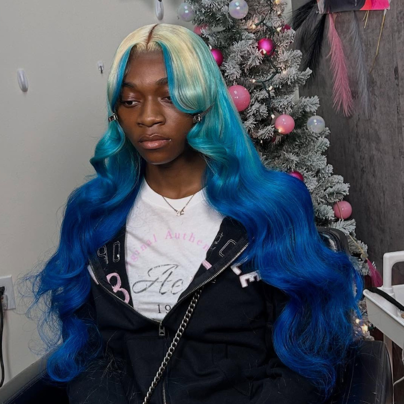 SZC Ombre Blonde Blue Skunk Stripe 13x4 Lace Front Virgin Remy Human Hair Wigs