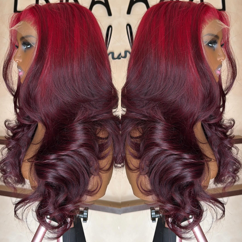 SZC Ombre Bright Burgundy Cherry Deep Wine Red 13x4 Lace Front Virgin Human Hair Wig
