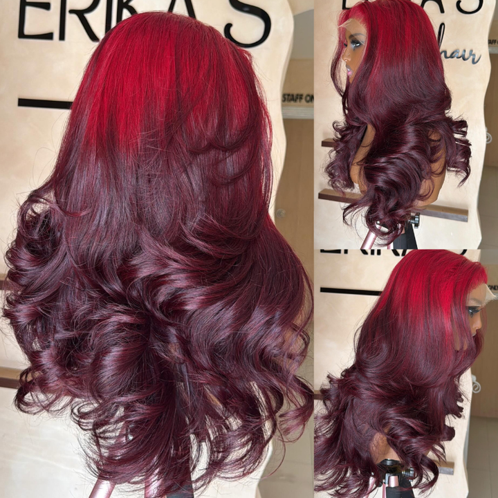 SZC Ombre Bright Burgundy Cherry Deep Wine Red 13x4 Lace Front Virgin Human Hair Wig