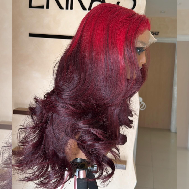 SZC Ombre Bright Burgundy Cherry Deep Wine Red 13x4 Lace Front Virgin Human Hair Wig