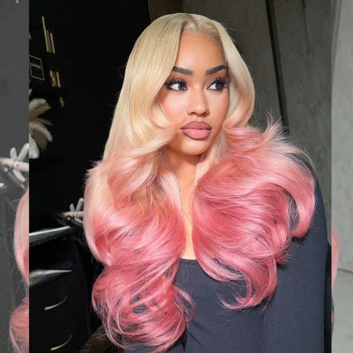 SZC Luxury Summer Beach Vacations Ombre Blonde Rose Pink 13x4 Lace Front Human Hair Wigs