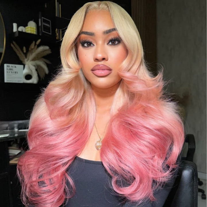 SZC Luxury Summer Beach Vacations Ombre Blonde Rose Pink 13x4 Lace Front Human Hair Wigs