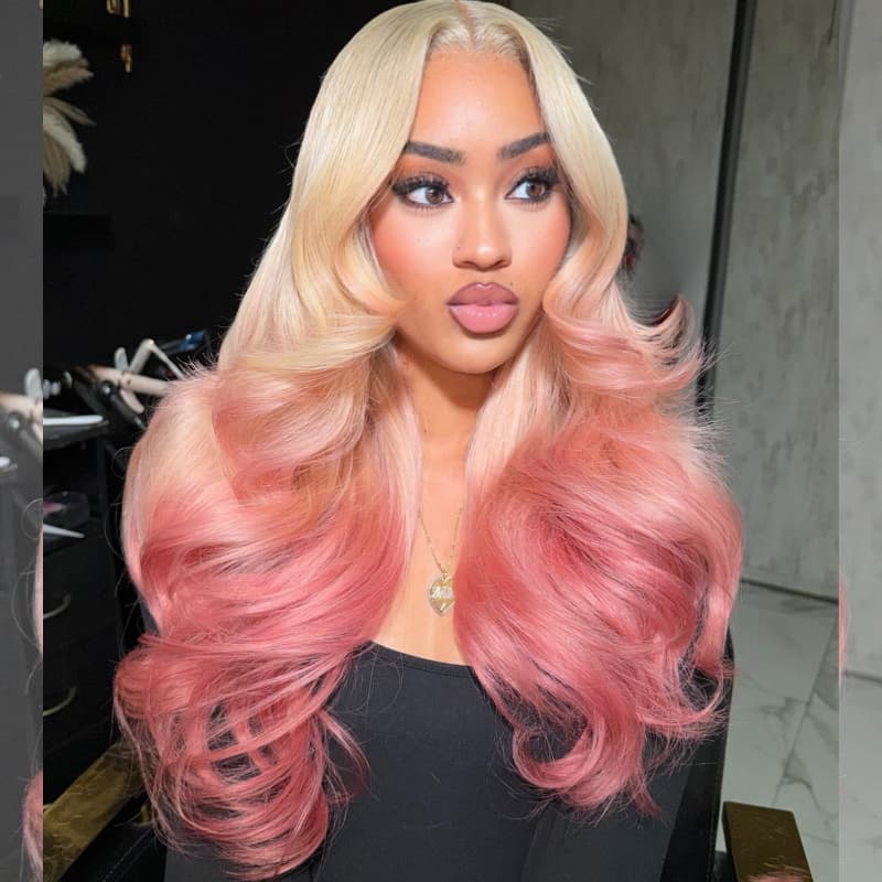 SZC Luxury Summer Beach Vacations Ombre Blonde Rose Pink 13x4 Lace Front Human Hair Wigs
