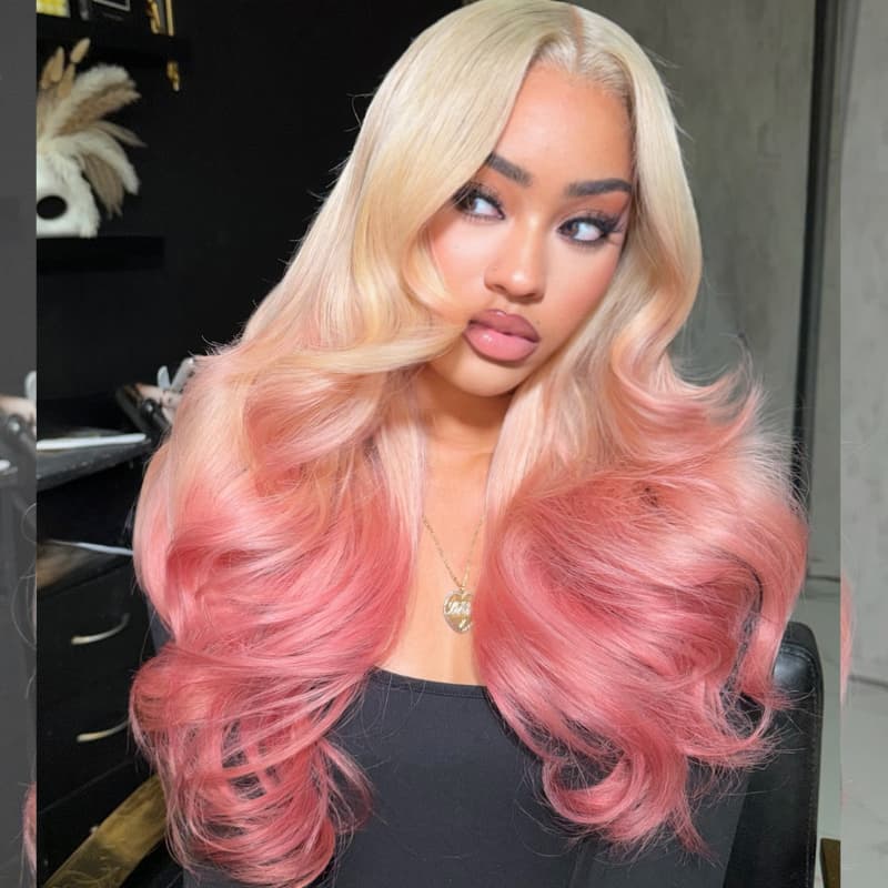 SZC Luxury Summer Beach Vacations Ombre Blonde Rose Pink 13x4 Lace Front Human Hair Wigs