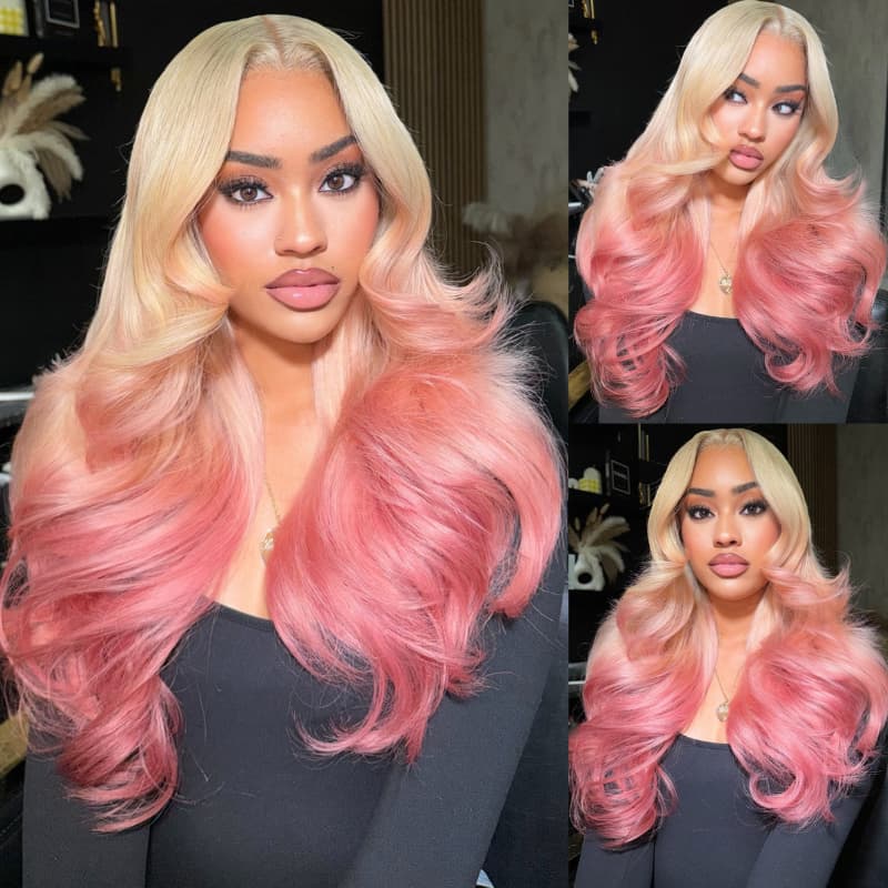 SZC Luxury Summer Beach Vacations Ombre Blonde Rose Pink 13x4 Lace Front Human Hair Wigs