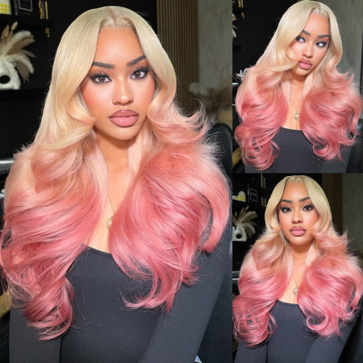 SZC Luxury Summer Beach Vacations Ombre Blonde Rose Pink 13x4 Lace Front Human Hair Wigs