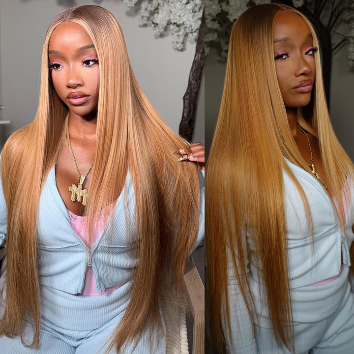SZC Ombre Dark Brown Strawberry Honey Blonde Highlight Straight 13x4 Lace Front Human Hair Wigs