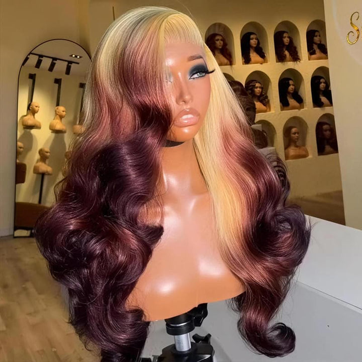 SZC Ombre Dark Cherry Burgundy 13x4 Lace Front Human Hair Wig 200 Density