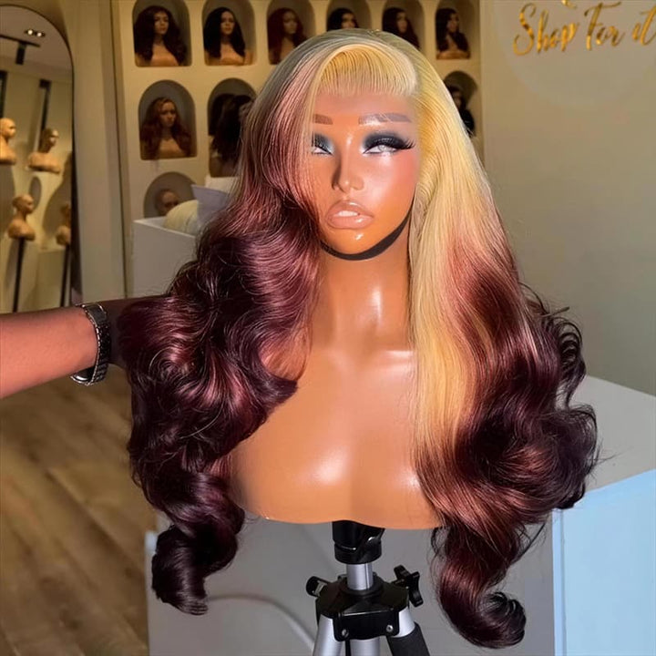 SZC Ombre Dark Cherry Burgundy 13x4 Lace Front Human Hair Wig 200 Density
