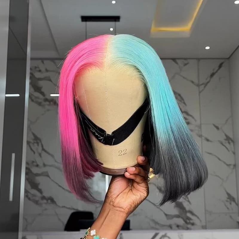 SZC Ombre Half Pink Half Green Black Split Dye 8 10 12 inch Short Bob 13x4 Lace Front Human Hair Wig