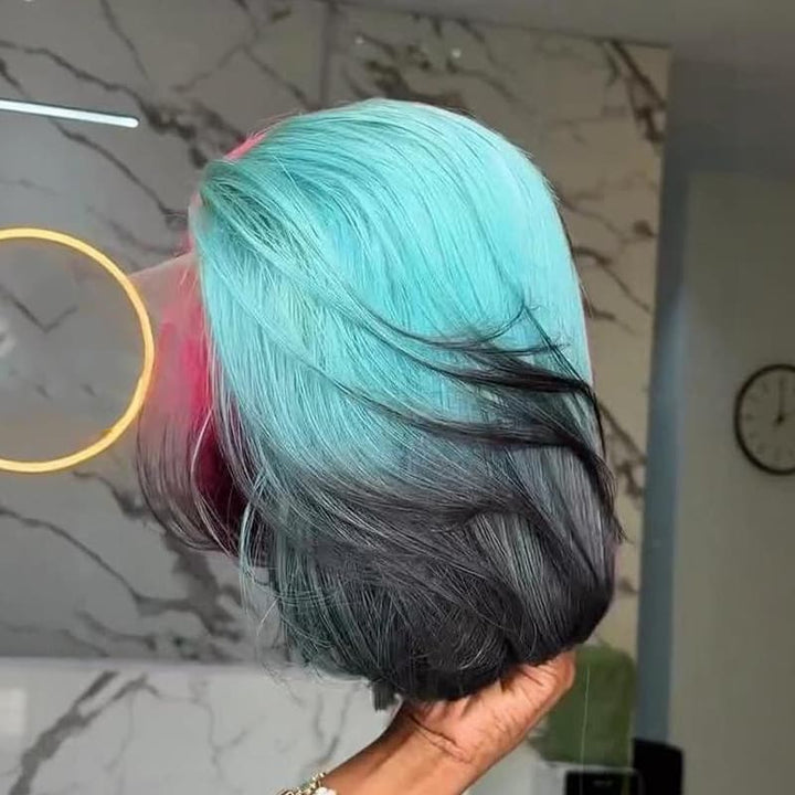 SZC Ombre Half Pink Half Green Black Split Dye 8 10 12 inch Short Bob 13x4 Lace Front Human Hair Wig