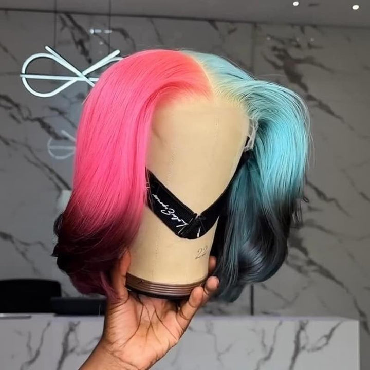 SZC Ombre Half Pink Half Green Black Split Dye 8 10 12 inch Short Bob 13x4 Lace Front Human Hair Wig