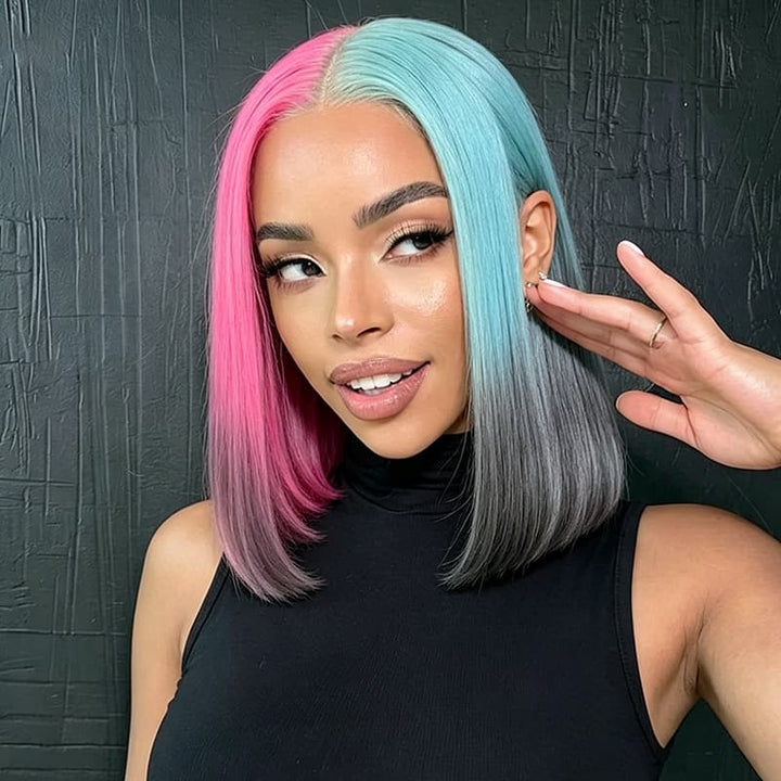 SZC Ombre Half Pink Half Green Black Split Dye 8 10 12 inch Short Bob 13x4 Lace Front Human Hair Wig