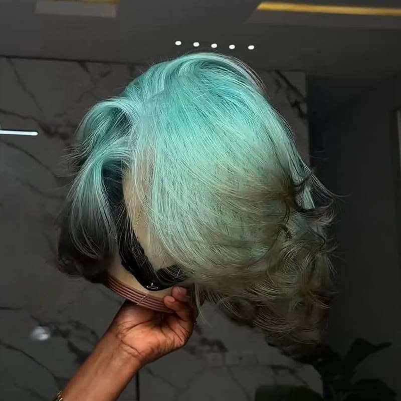 SZC Ombre Pastel Green Black 8 10 12 inch Short Bob 13x4 Lace Front Human Hair Wig