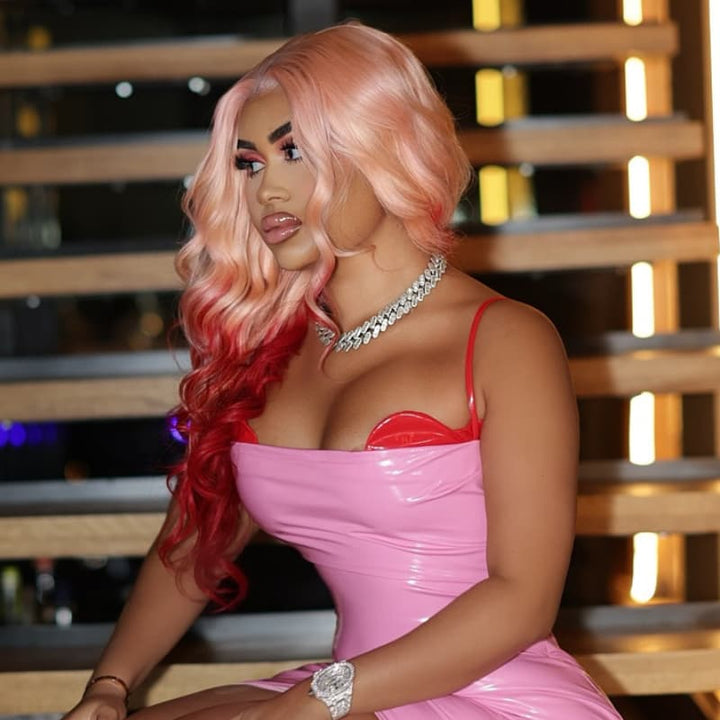 SZC Ombre Pastel Pink Burgundy Red 13x4 Lace Front Virgin Human Hair Wig