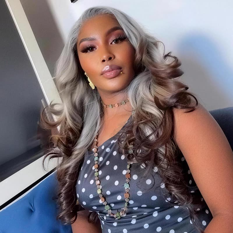 SZC Ombre Silver Ash Gray Brown 13x4 Lace Front Human Hair Wig