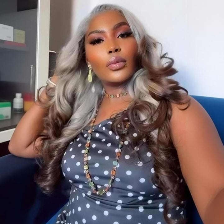 SZC Ombre Silver Ash Gray Brown 13x4 Lace Front Human Hair Wig