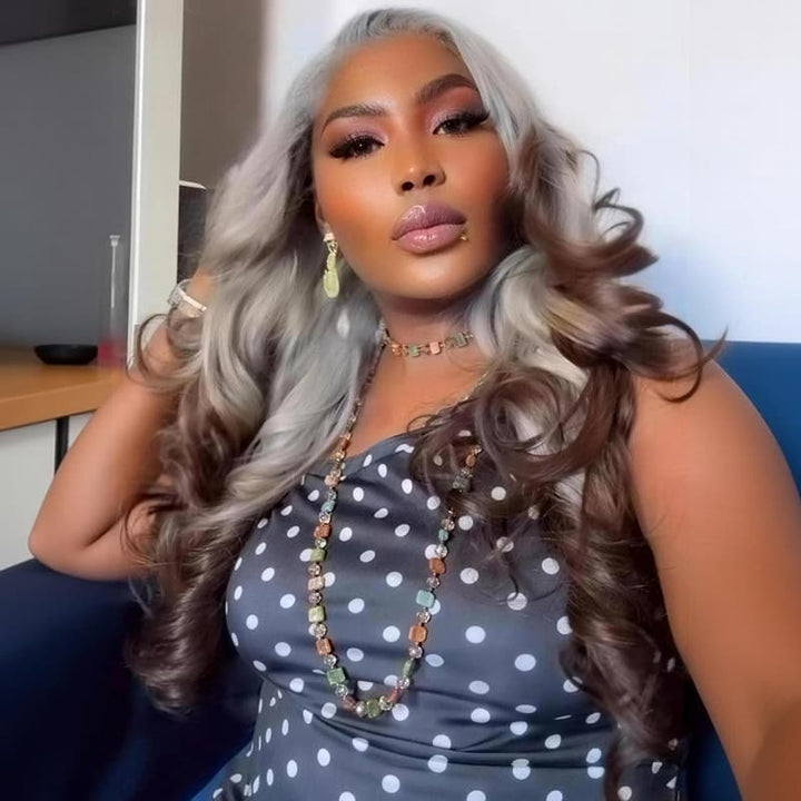 SZC Ombre Silver Ash Gray Brown 13x4 Lace Front Human Hair Wig