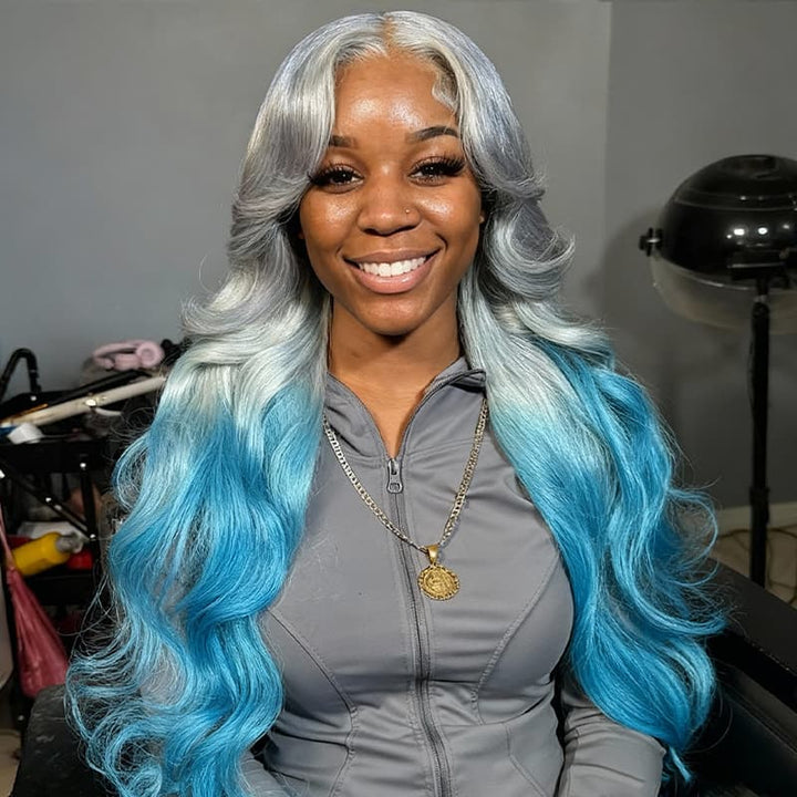 SZC Ombre Silvery Gray Pastel Blue 13x4 Lace Front Remy Human Hair Wigs